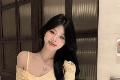 Long-Sleeve V Neck Flower Accent Mini Sheath Knit Dress / Slip Dress