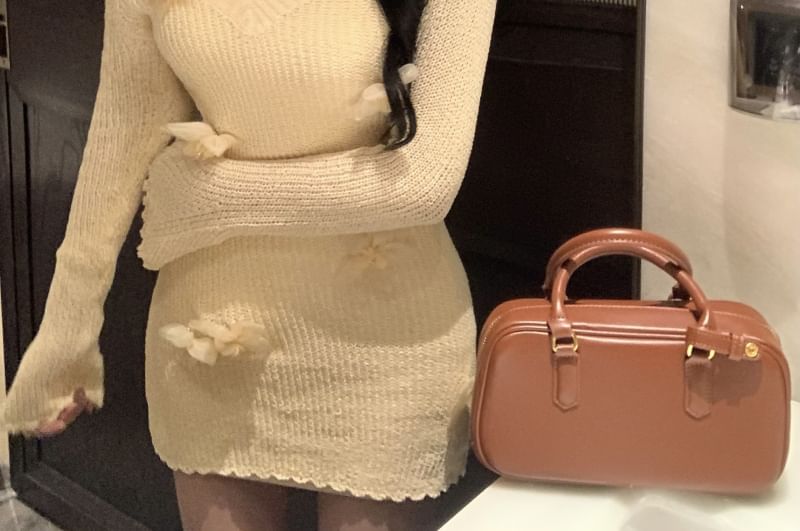 Long-Sleeve V Neck Flower Accent Mini Sheath Knit Dress / Slip Dress