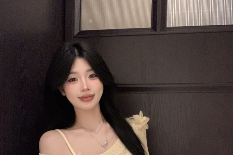 Long-Sleeve V Neck Flower Accent Mini Sheath Knit Dress / Slip Dress