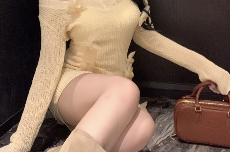 Long-Sleeve V Neck Flower Accent Mini Sheath Knit Dress / Slip Dress