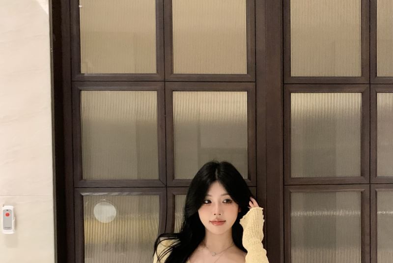 Long-Sleeve V Neck Flower Accent Mini Sheath Knit Dress / Slip Dress