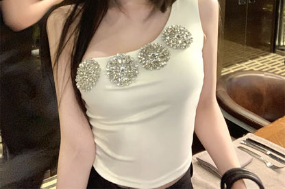 One-Shoulder Rhinestone Accent Slim Fit Crop Tank Top