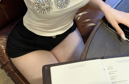 One-Shoulder Rhinestone Accent Slim Fit Crop Tank Top