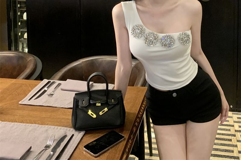 One-Shoulder Rhinestone Accent Slim Fit Crop Tank Top