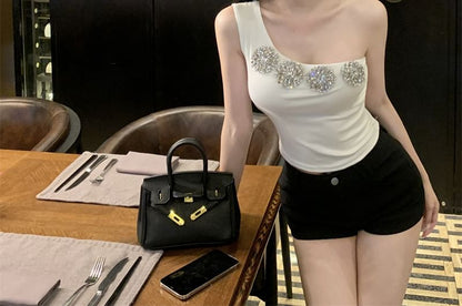One-Shoulder Rhinestone Accent Slim Fit Crop Tank Top