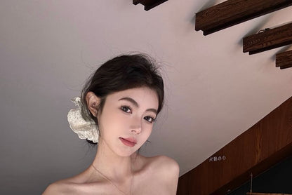 Striped Bow Accent Crop Tube Top / High Waist Plain Wide Leg Pants