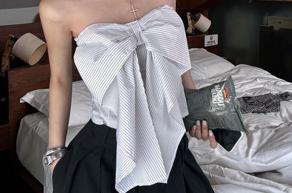 Striped Bow Accent Crop Tube Top / High Waist Plain Wide Leg Pants