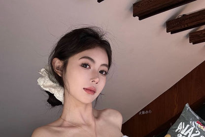 Striped Bow Accent Crop Tube Top / High Waist Plain Wide Leg Pants