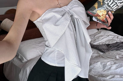 Striped Bow Accent Crop Tube Top / High Waist Plain Wide Leg Pants