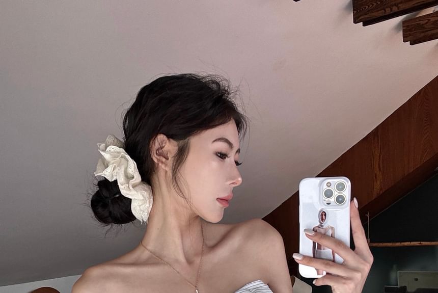 Striped Bow Accent Crop Tube Top / High Waist Plain Wide Leg Pants