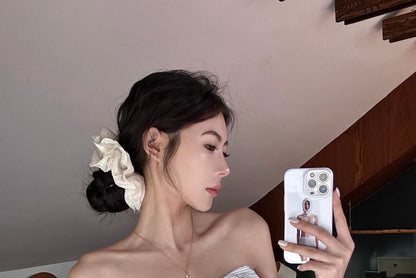 Striped Bow Accent Crop Tube Top / High Waist Plain Wide Leg Pants