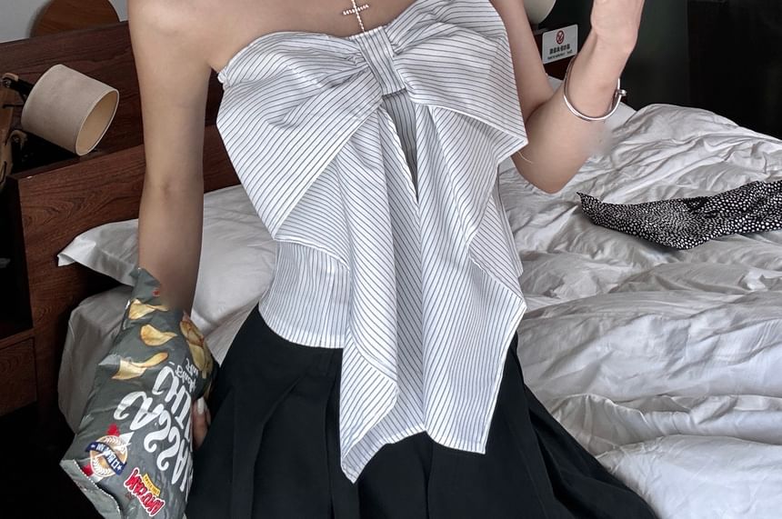 Striped Bow Accent Crop Tube Top / High Waist Plain Wide Leg Pants