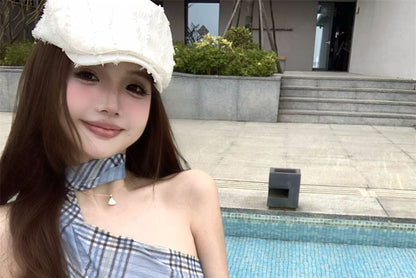 Halter Neck Plaid Asymmetrical Sheer Slim Fit Top