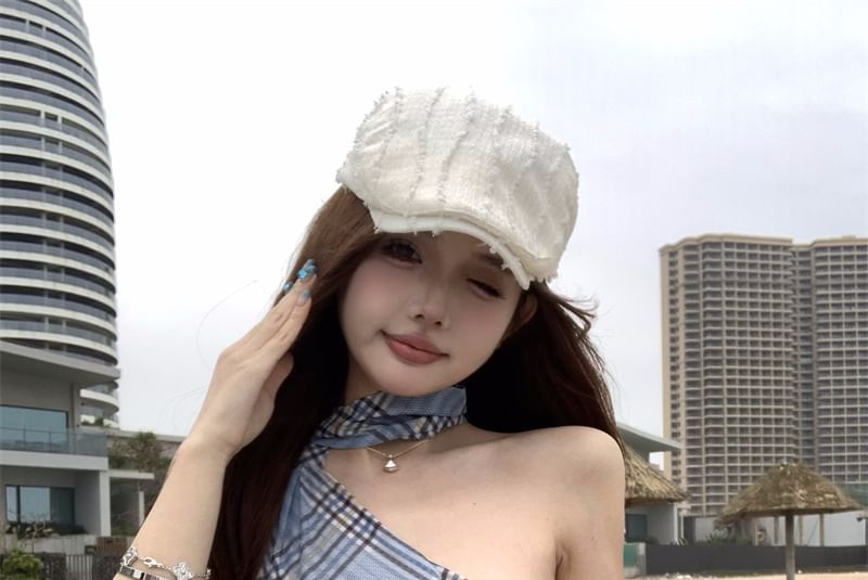 Halter Neck Plaid Asymmetrical Sheer Slim Fit Top