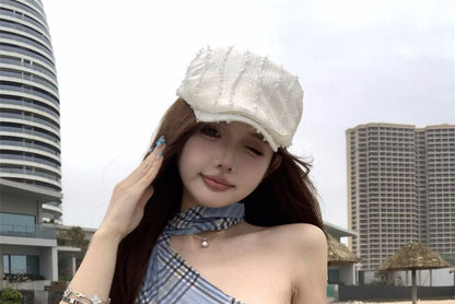 Halter Neck Plaid Asymmetrical Sheer Slim Fit Top