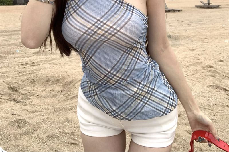Halter Neck Plaid Asymmetrical Sheer Slim Fit Top