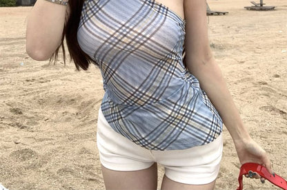 Halter Neck Plaid Asymmetrical Sheer Slim Fit Top