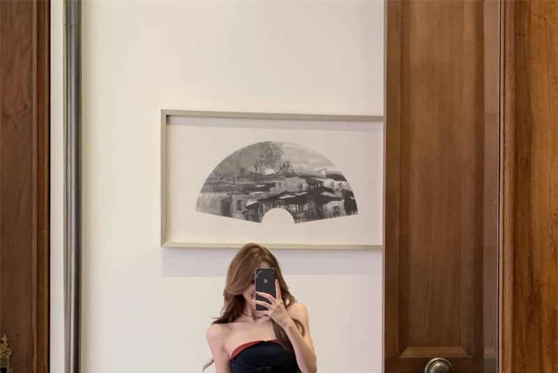 Two Tone Tie Front Crop Tube Top / Low Waist Plain Wide Leg Pants