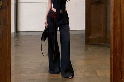 Two Tone Tie Front Crop Tube Top / Low Waist Plain Wide Leg Pants