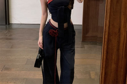 Two Tone Tie Front Crop Tube Top / Low Waist Plain Wide Leg Pants