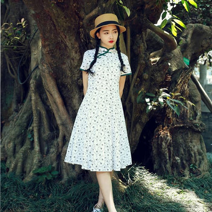 Short-Sleeve Floral Midi A-Line Qipao