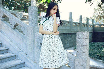 Short-Sleeve Floral Midi A-Line Qipao