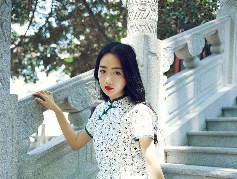Short-Sleeve Floral Midi A-Line Qipao