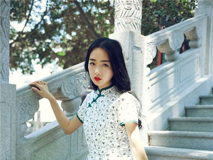 Short-Sleeve Floral Midi A-Line Qipao