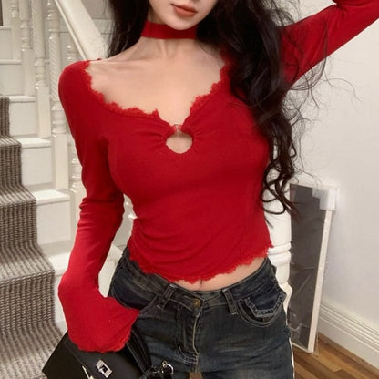 Long-Sleeve Scoop Neck Plain Lace Trim Cropped T-Shirt