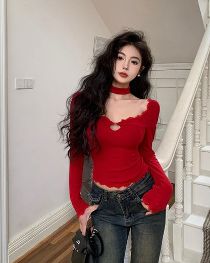 Long-Sleeve Scoop Neck Plain Lace Trim Cropped T-Shirt