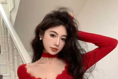 Long-Sleeve Scoop Neck Plain Lace Trim Cropped T-Shirt