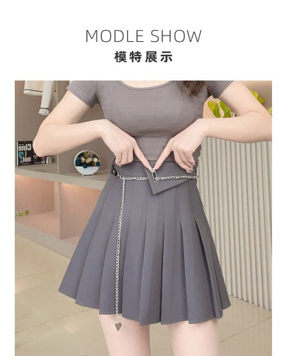 Pleated A-Line Skirt with High Waist and Solid Fabric