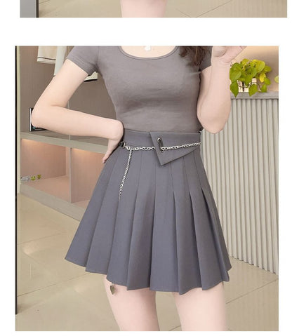 Pleated A-Line Skirt with High Waist and Solid Fabric
