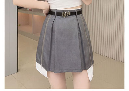 Asymmetrical Pleated Mini Skirt with High Rise and Zip Detail