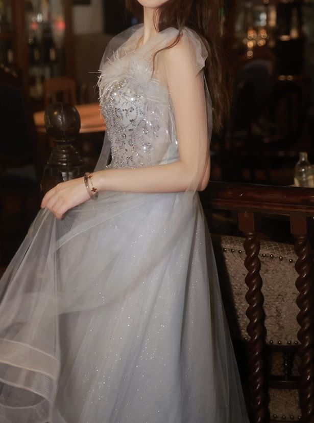 Sleeveless Sequin Feather Trim Midi A-Line Cocktail Dress