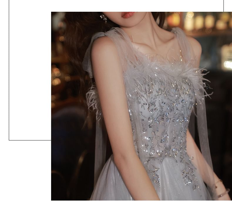 Sleeveless Sequin Feather Trim Midi A-Line Cocktail Dress