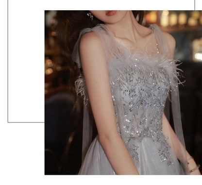 Sleeveless Sequin Feather Trim Midi A-Line Cocktail Dress