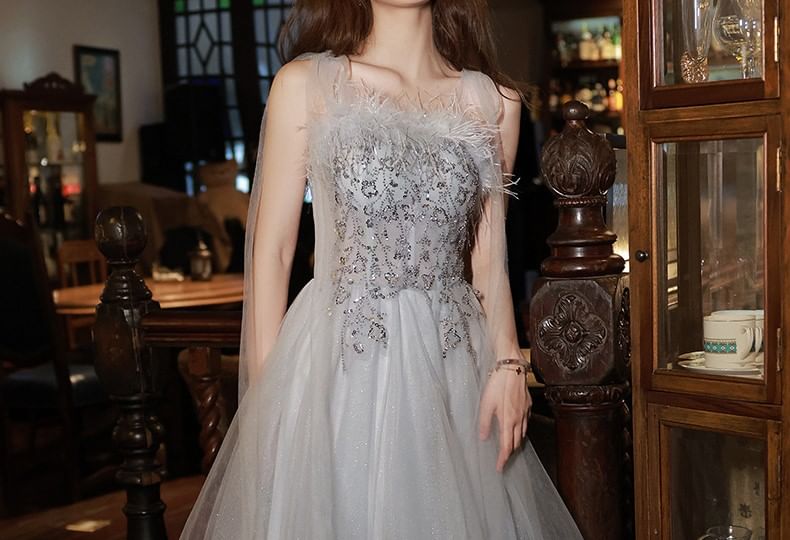 Sleeveless Sequin Feather Trim Midi A-Line Cocktail Dress