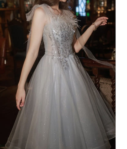 Sleeveless Sequin Feather Trim Midi A-Line Cocktail Dress