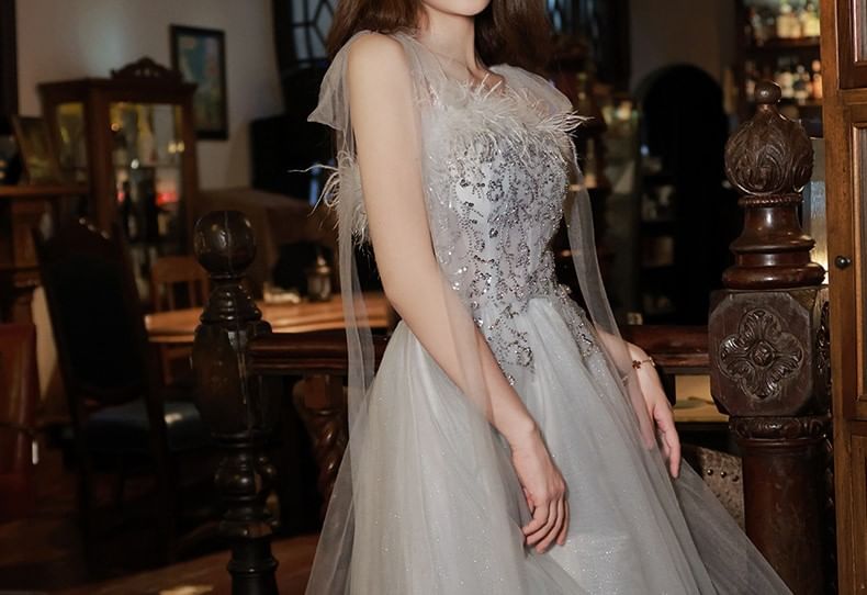 Sleeveless Sequin Feather Trim Midi A-Line Cocktail Dress