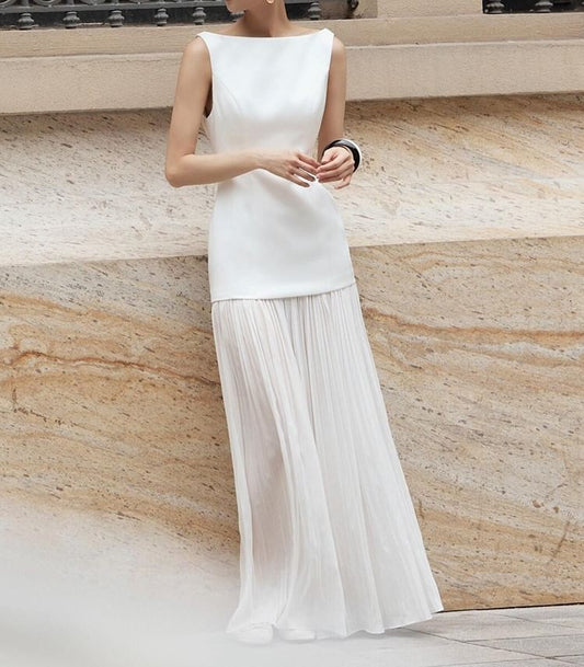 Sleeveless Boat Neck Plain Satin Panel Open Back Maxi A-Line Wedding Dress