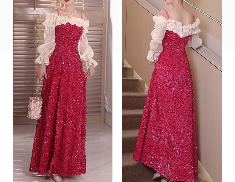 Long-Sleeve Cold Shoulder Sequin Ruffle Trim Slit A-Line Evening Dress
