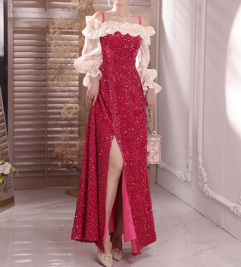 Long-Sleeve Cold Shoulder Sequin Ruffle Trim Slit A-Line Evening Dress
