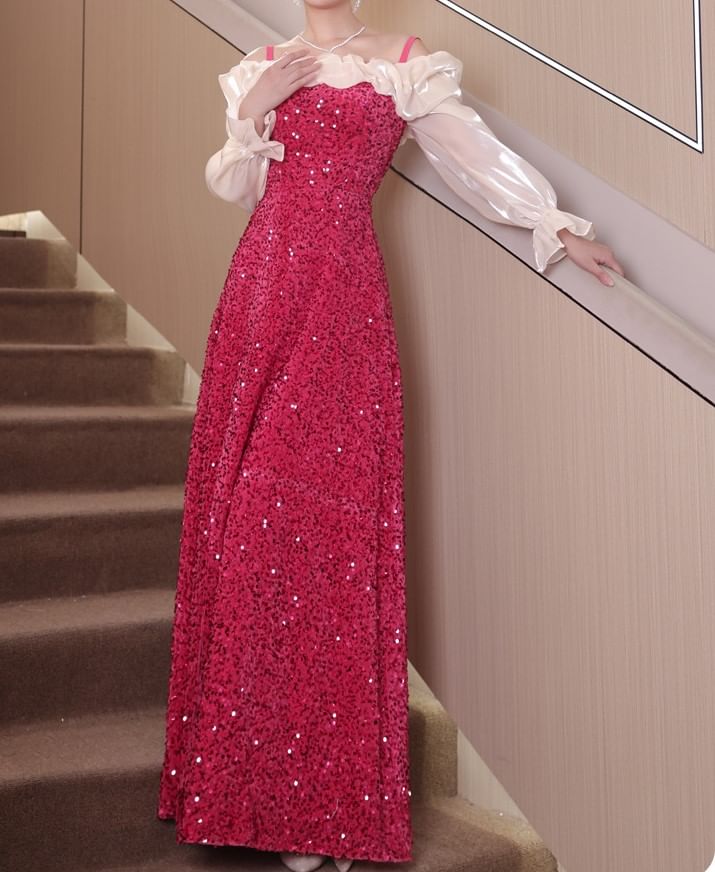 Long-Sleeve Cold Shoulder Sequin Ruffle Trim Slit A-Line Evening Dress
