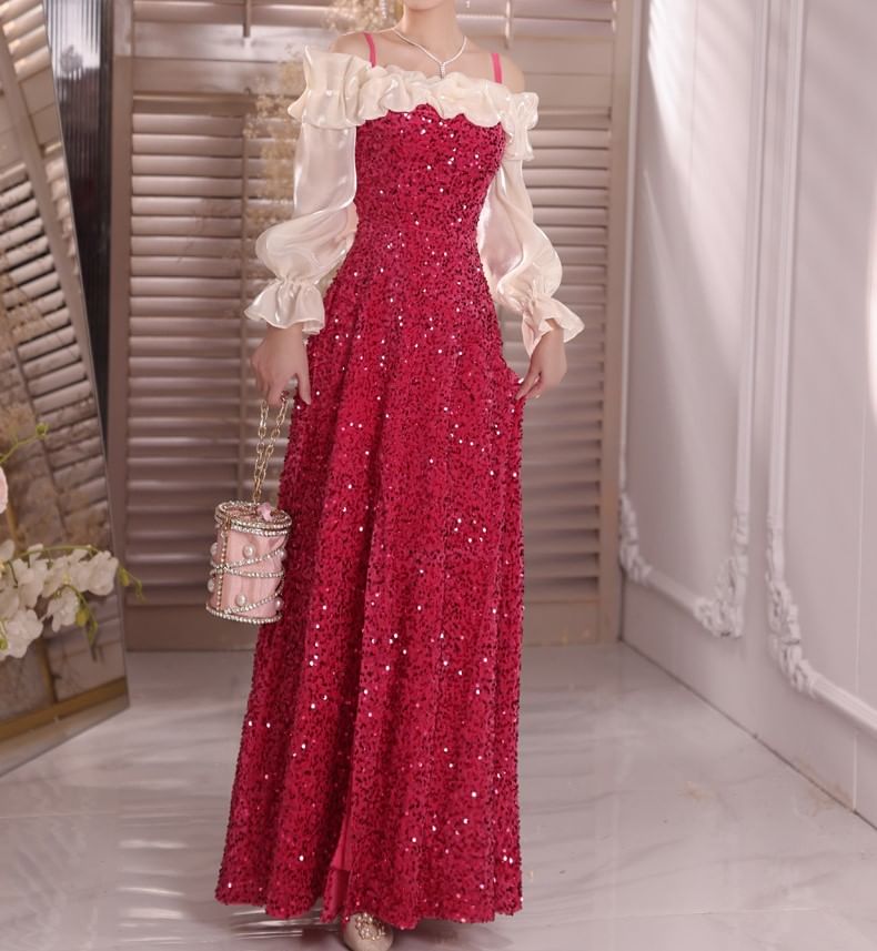 Long-Sleeve Cold Shoulder Sequin Ruffle Trim Slit A-Line Evening Dress