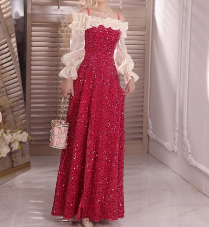 Long-Sleeve Cold Shoulder Sequin Ruffle Trim Slit A-Line Evening Dress