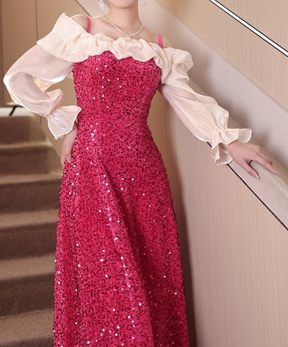 Long-Sleeve Cold Shoulder Sequin Ruffle Trim Slit A-Line Evening Dress