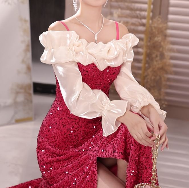 Long-Sleeve Cold Shoulder Sequin Ruffle Trim Slit A-Line Evening Dress