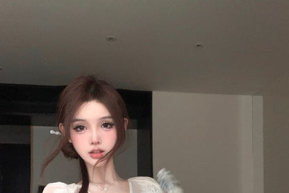 Puff-Sleeve V-Neck Flower Embroidered Blouse / High Rise Maxi A-Line Skirt / Shorts / Plain Camisole Top / Set