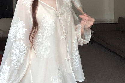 Puff-Sleeve V-Neck Flower Embroidered Blouse / High Rise Maxi A-Line Skirt / Shorts / Plain Camisole Top / Set